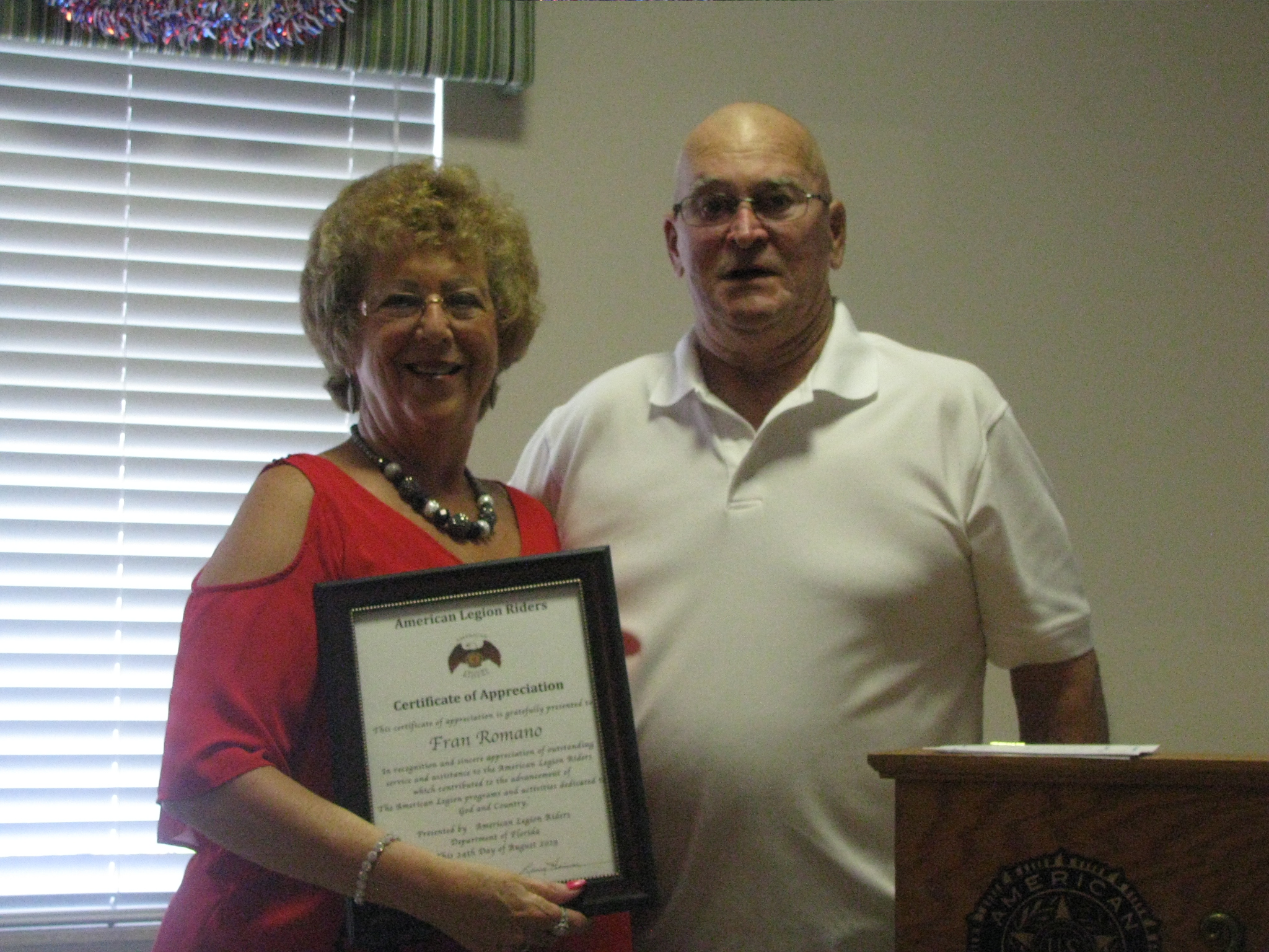 Riders Certificate of Appreciation to Fran Romano